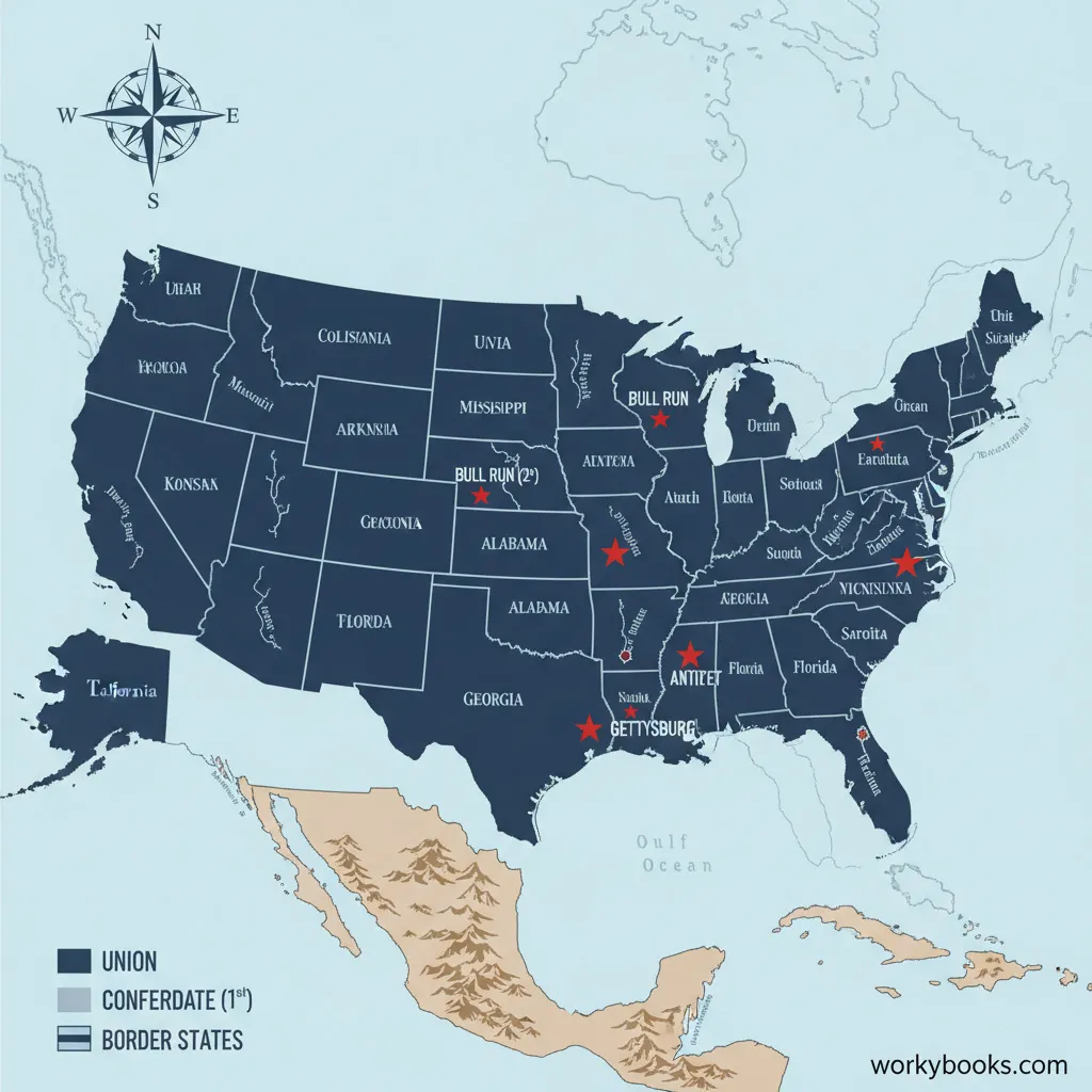 Map showing locations of major Civil War battles