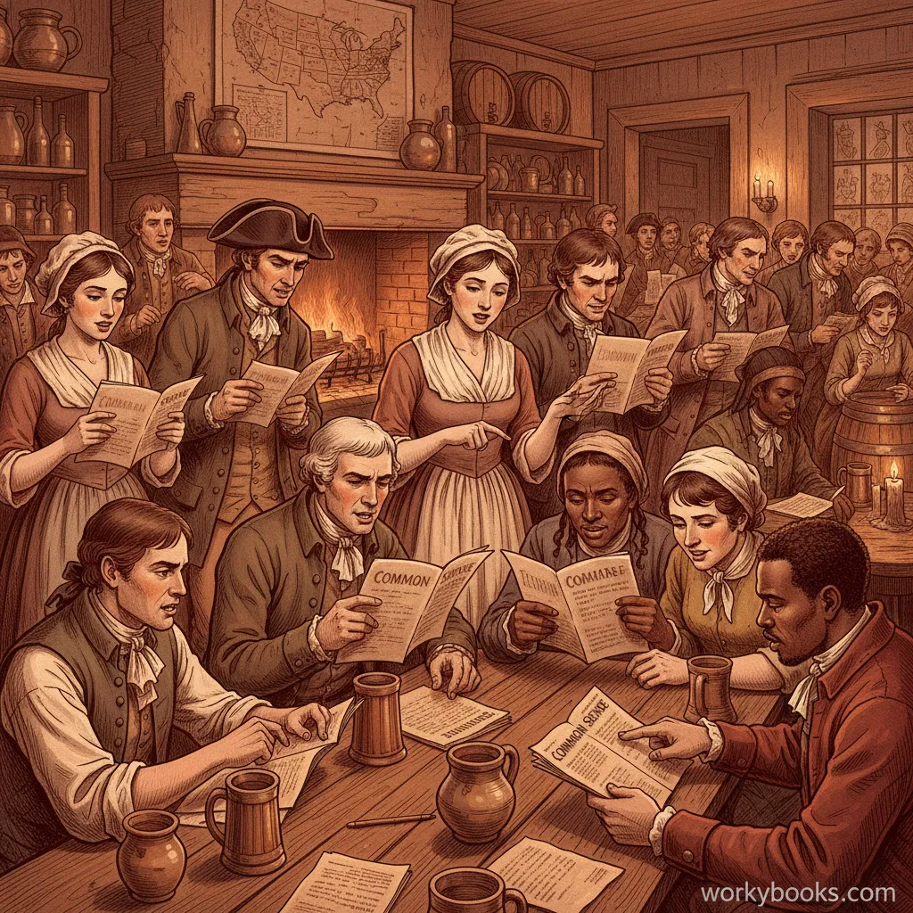 Colonists reading and discussing Common Sense pamphlet in a tavern