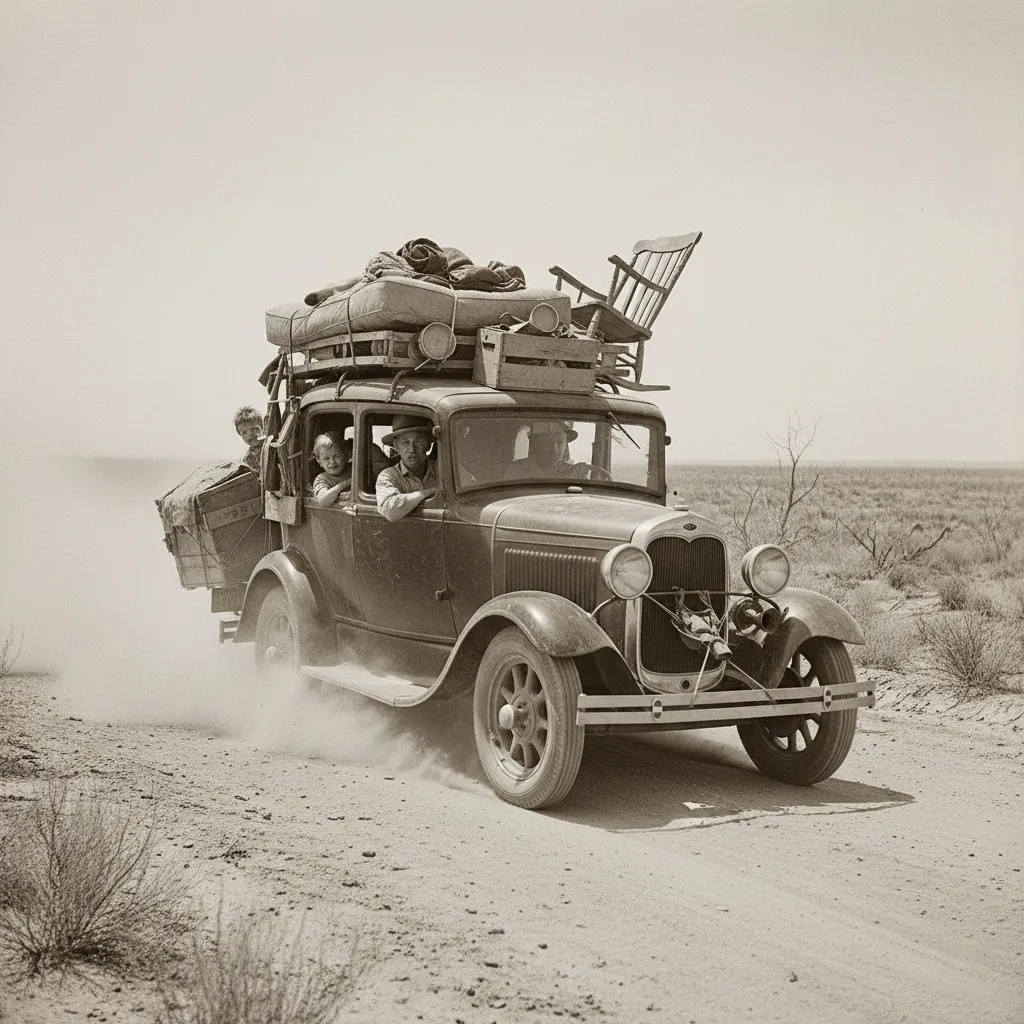 Dust Bowl migrants traveling west in overloaded cars with their belongings
