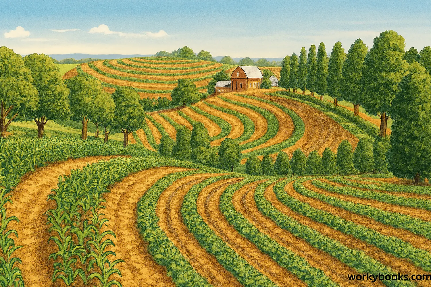 Soil conservation efforts with terraced farming to prevent erosion