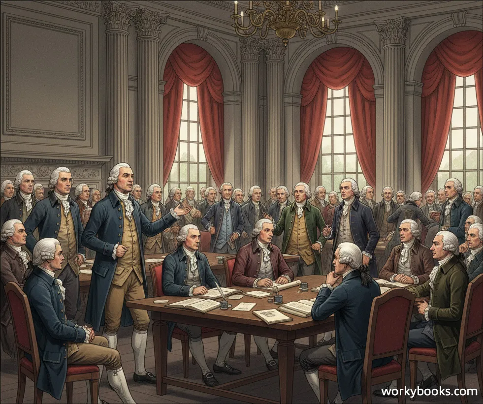 Delegates gathered at the Continental Congress discussing important matters