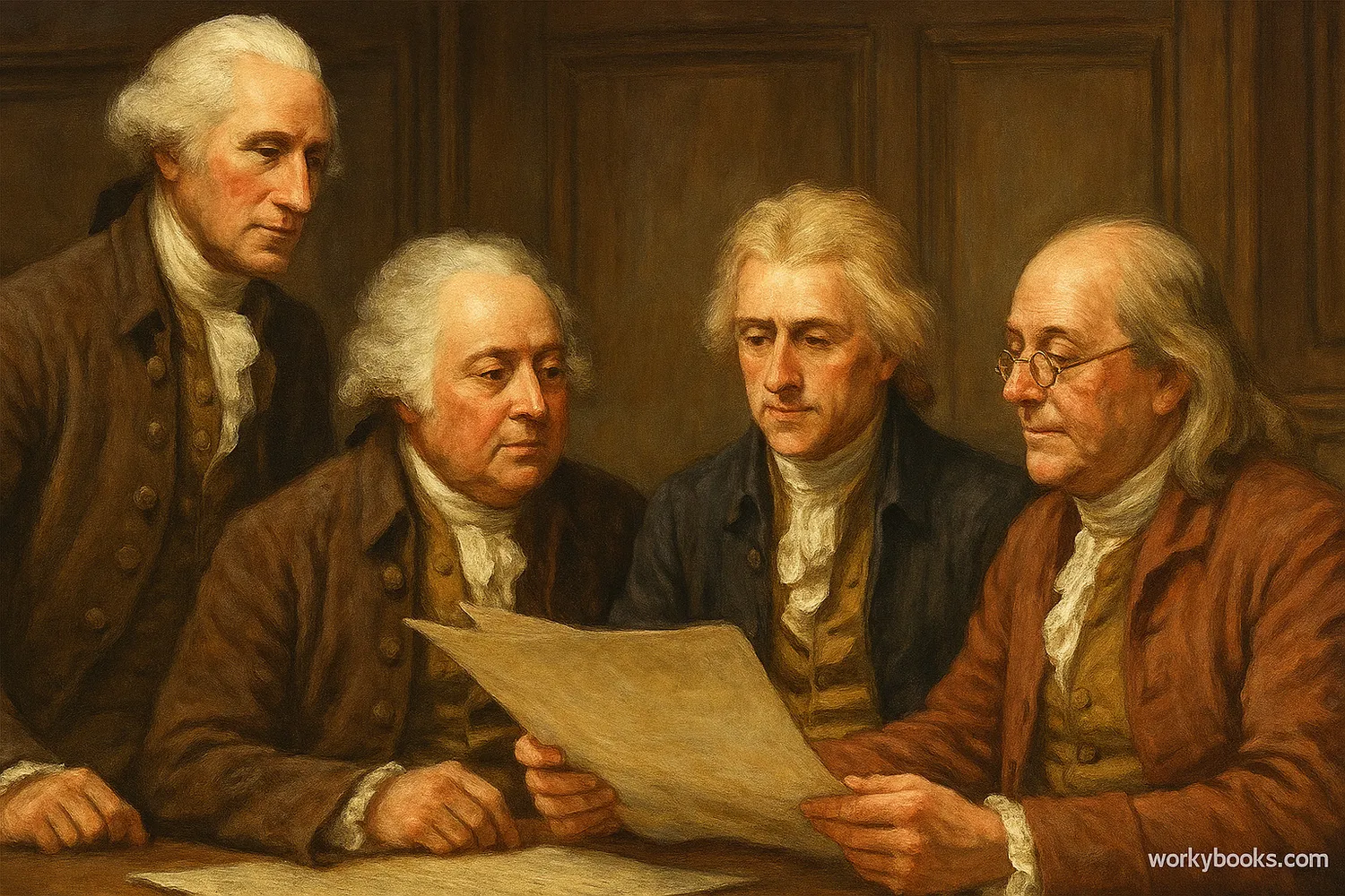 Prominent delegates including George Washington, John Adams, Thomas Jefferson, and Benjamin Franklin