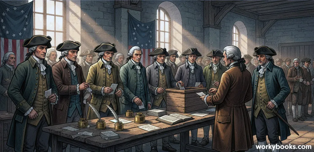 Historical scene showing voting in the early United States