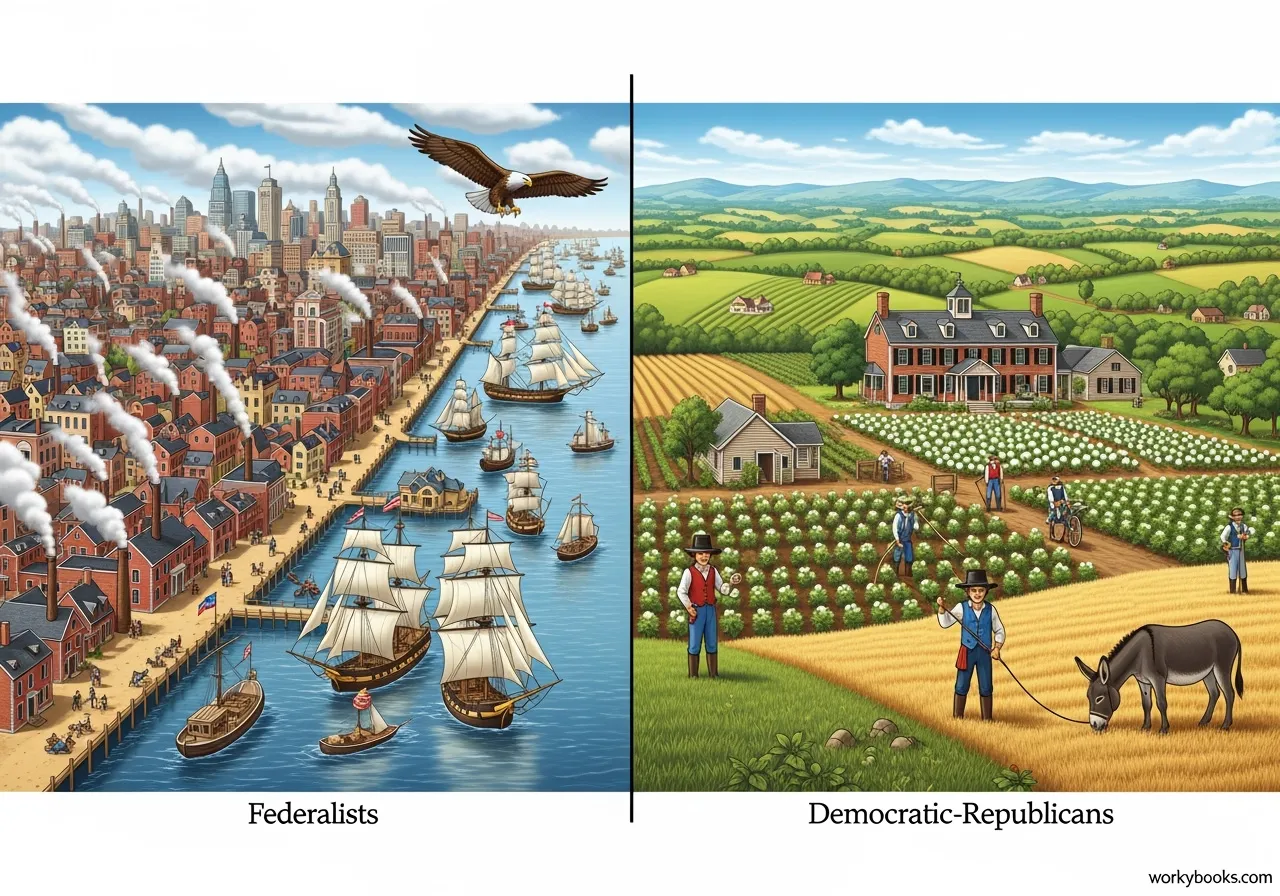 Visual representation comparing Federalist and Democratic-Republican party beliefs