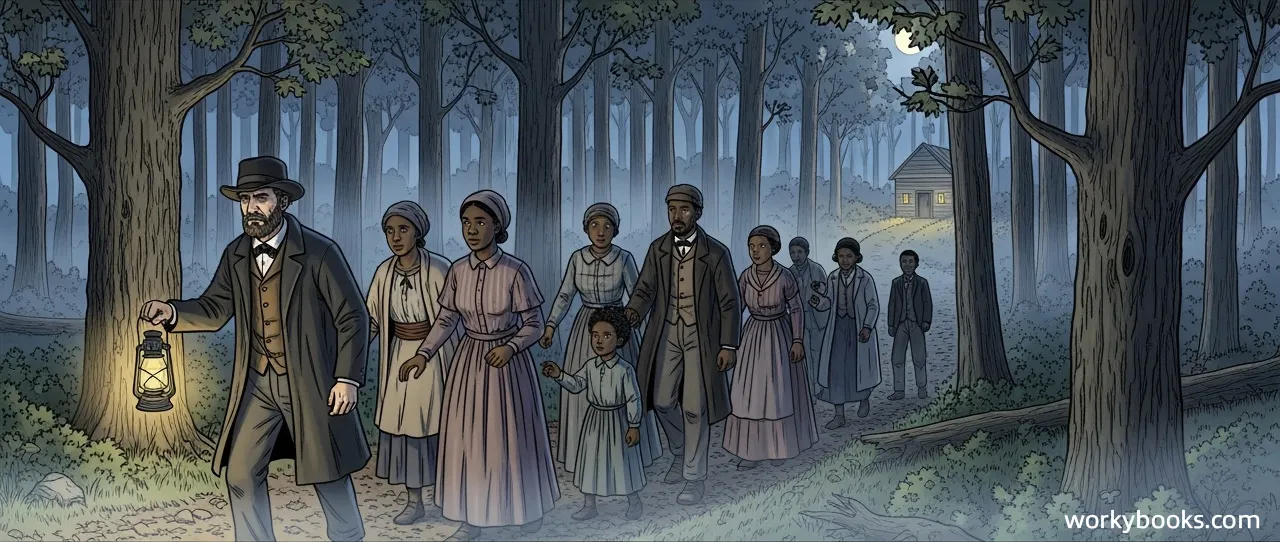 Escaped slaves traveling at night on the Underground Railroad