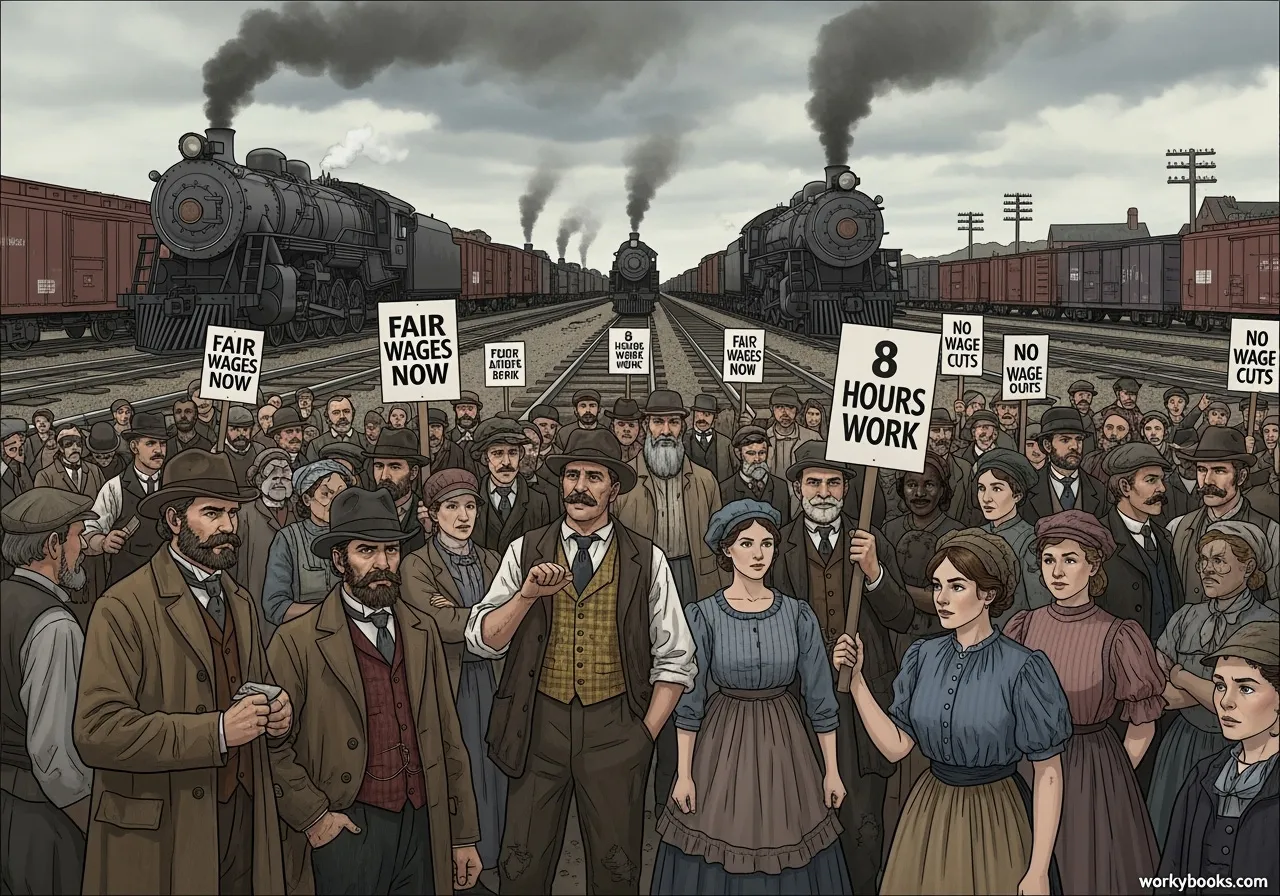 Strikers gathering near railroad tracks and trains