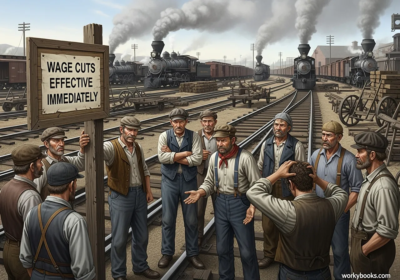Railroad workers discussing wage cuts and difficult working conditions