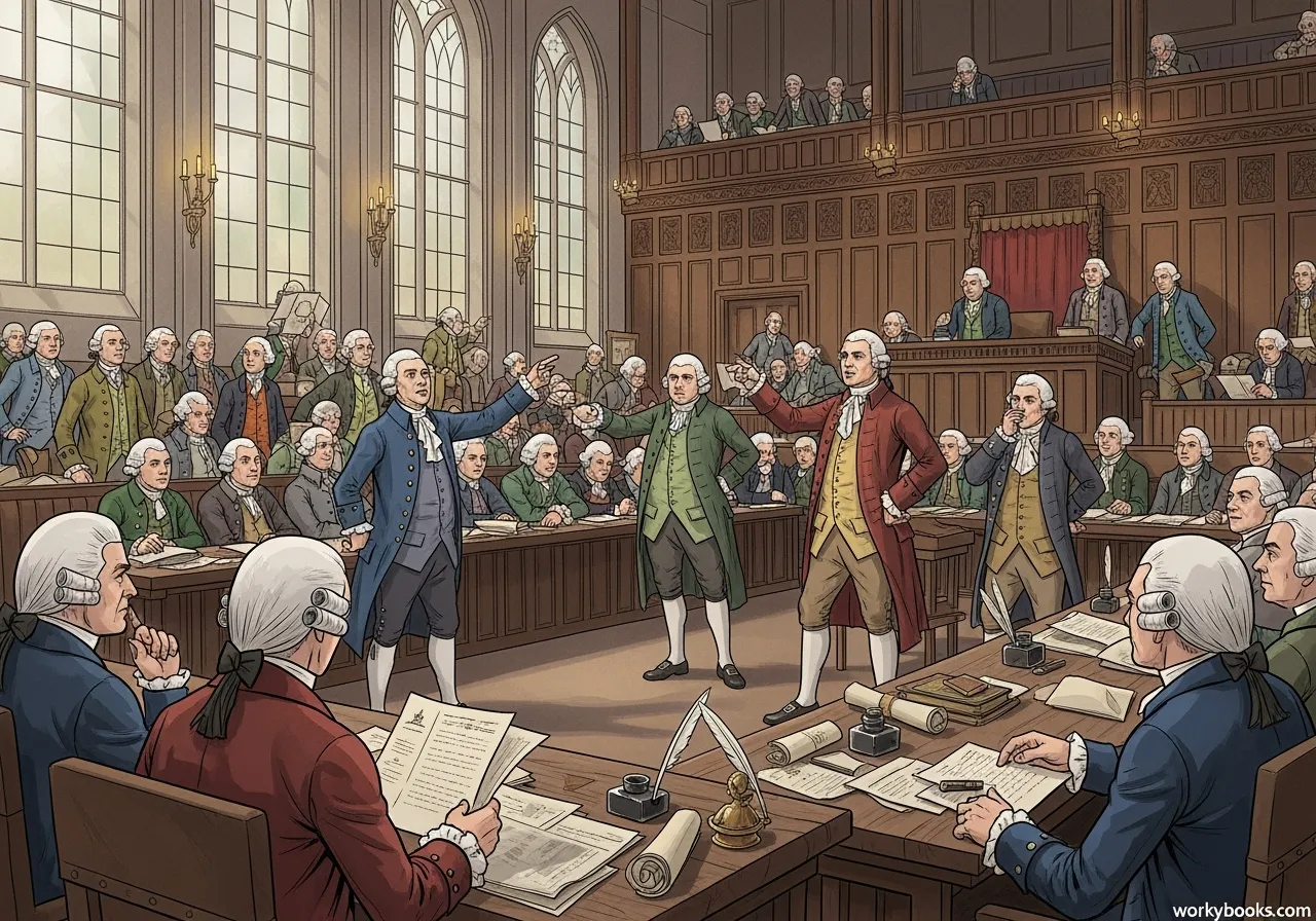 British Parliament debating the Intolerable Acts in 1774
