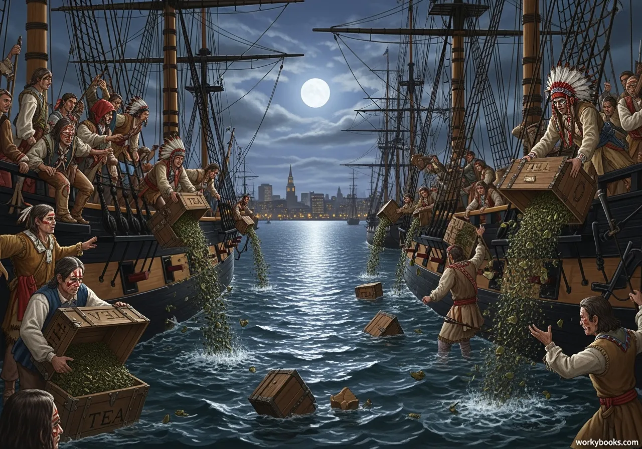 American colonists disguised as Mohawk Indians dumping British tea into Boston Harbor