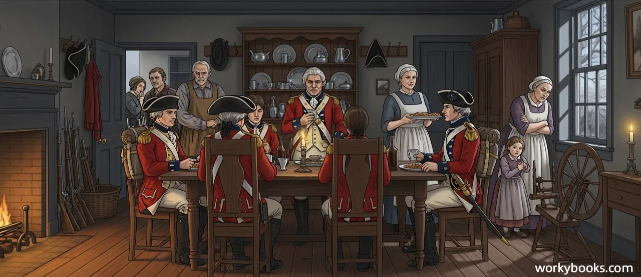 American colonists being forced to house and feed British soldiers in their homes