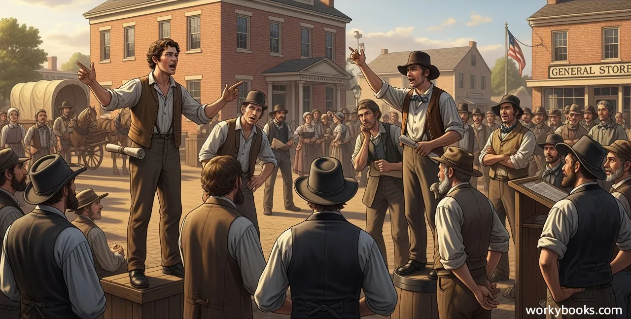 Working-class men discussing politics at a town meeting