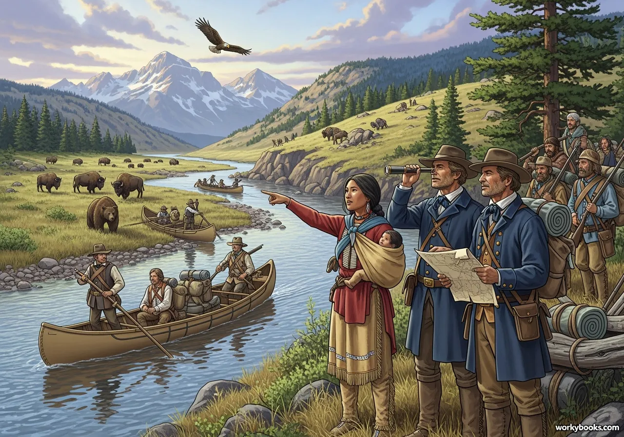 Lewis and Clark expedition traveling through the western wilderness