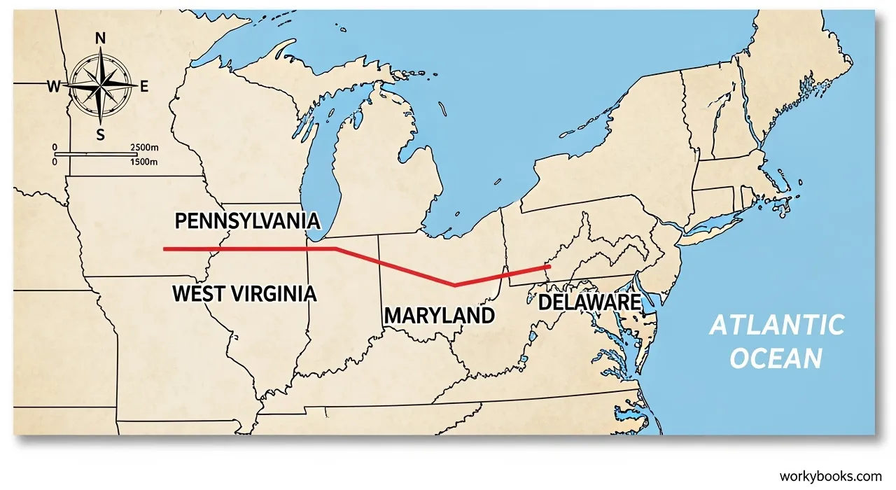 Map showing the Mason-Dixon Line dividing northern and southern states