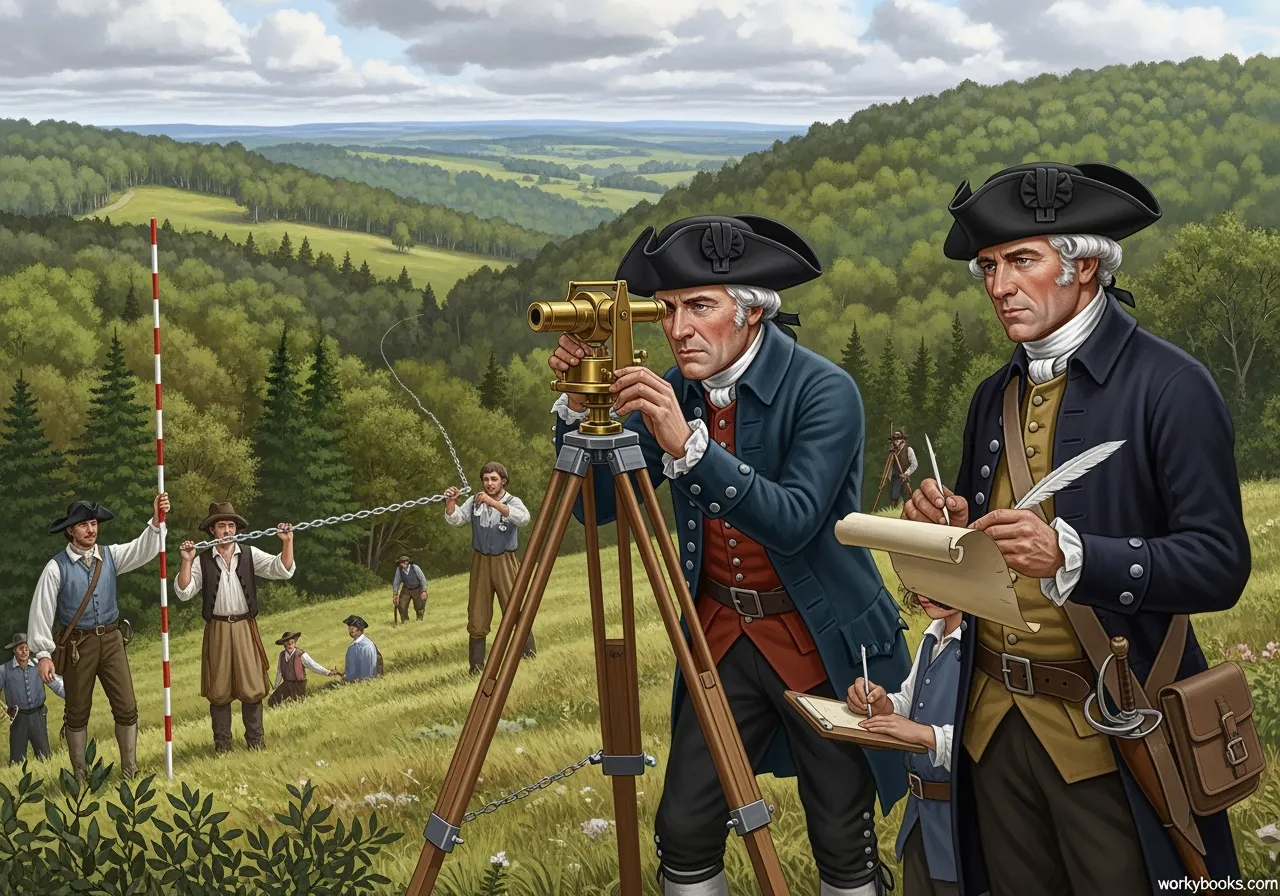 Charles Mason and Jeremiah Dixon surveying the boundary line in the 1760s