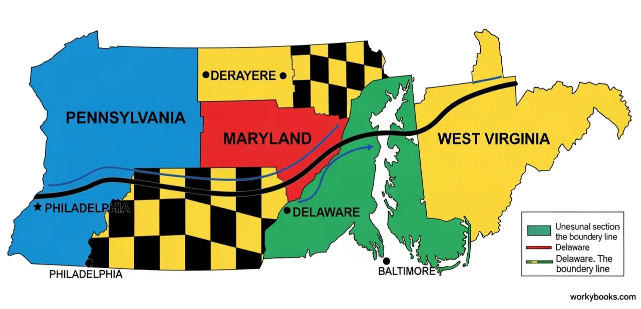 Map showing the precise location of the Mason-Dixon Line across multiple states