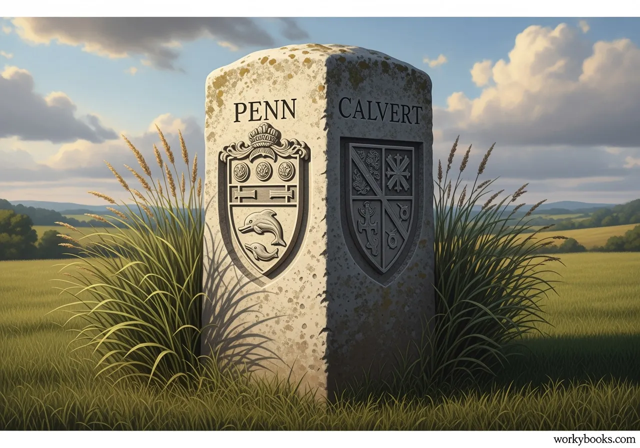 Historical marker showing a Mason-Dixon Line crownstone with family coats of arms