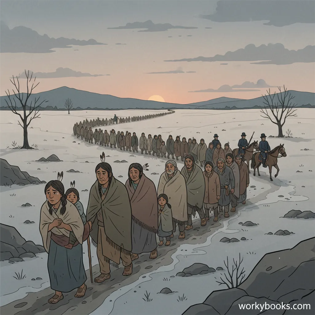 An illustration depicts the forced march of Native Americans during the Trail of Tears.