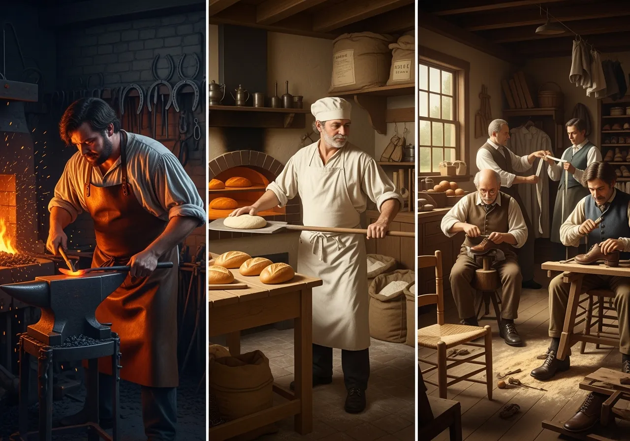 colonial workers: blacksmith, baker, carpenter, shoemaker, and woman. Caption: Colonial workers like blacksmiths, bakers, and craftsmen helped their communities grow and thrive.