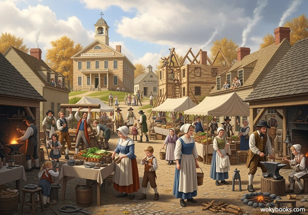 A busy colonial town with people working, trading, and going about daily life.