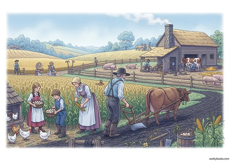 An illustration of a colonial farm with a family working together.