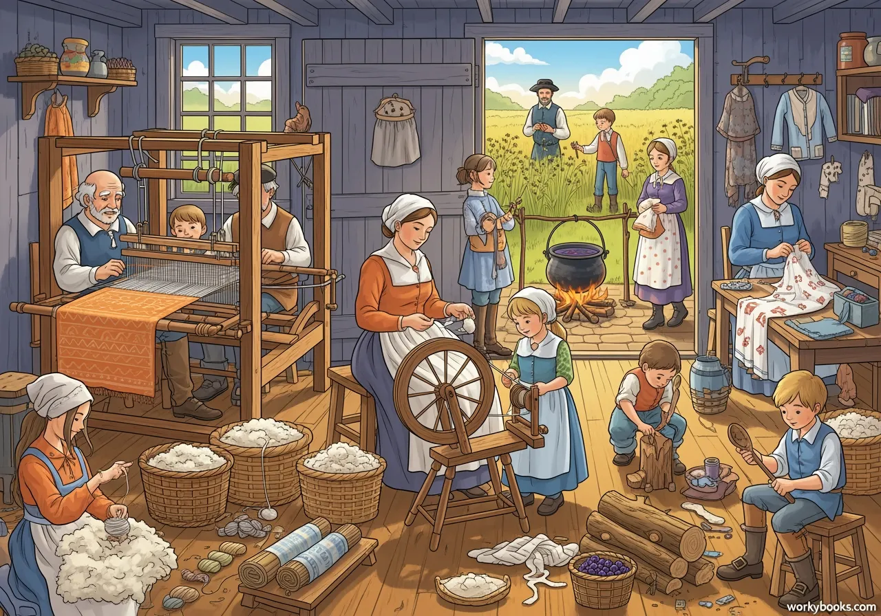 A colonial family making clothes and goods at home.