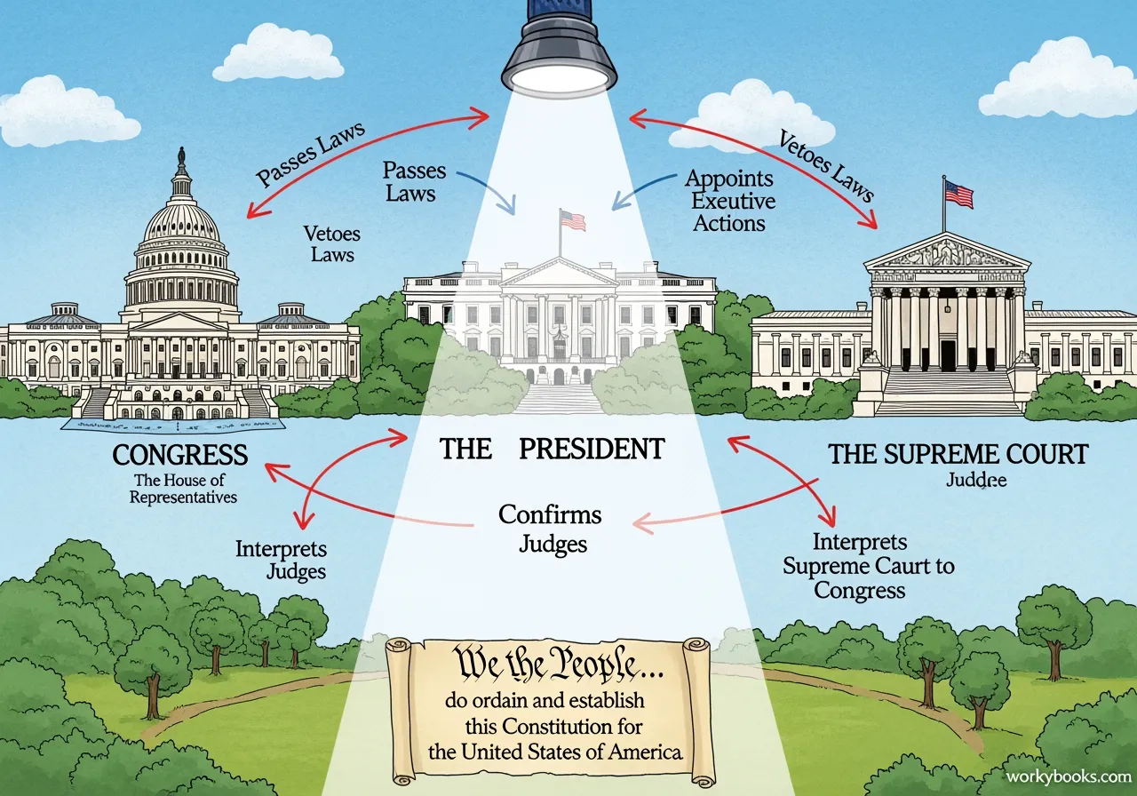 Diagram showing the US government's three branches: Legislative, Executive, Judicial.