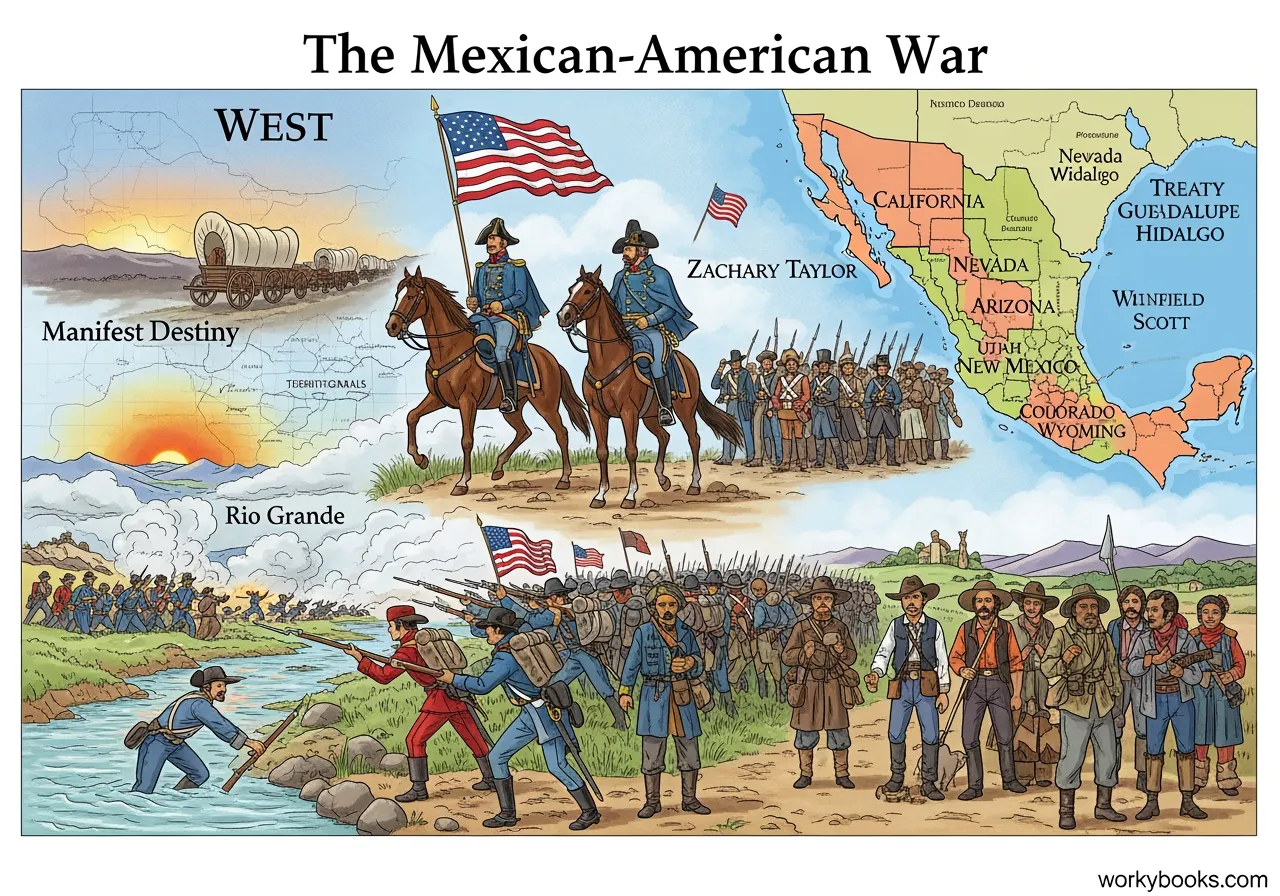 Nineteenth-century illustration of US and Mexican soldiers engaged in a fierce battle.