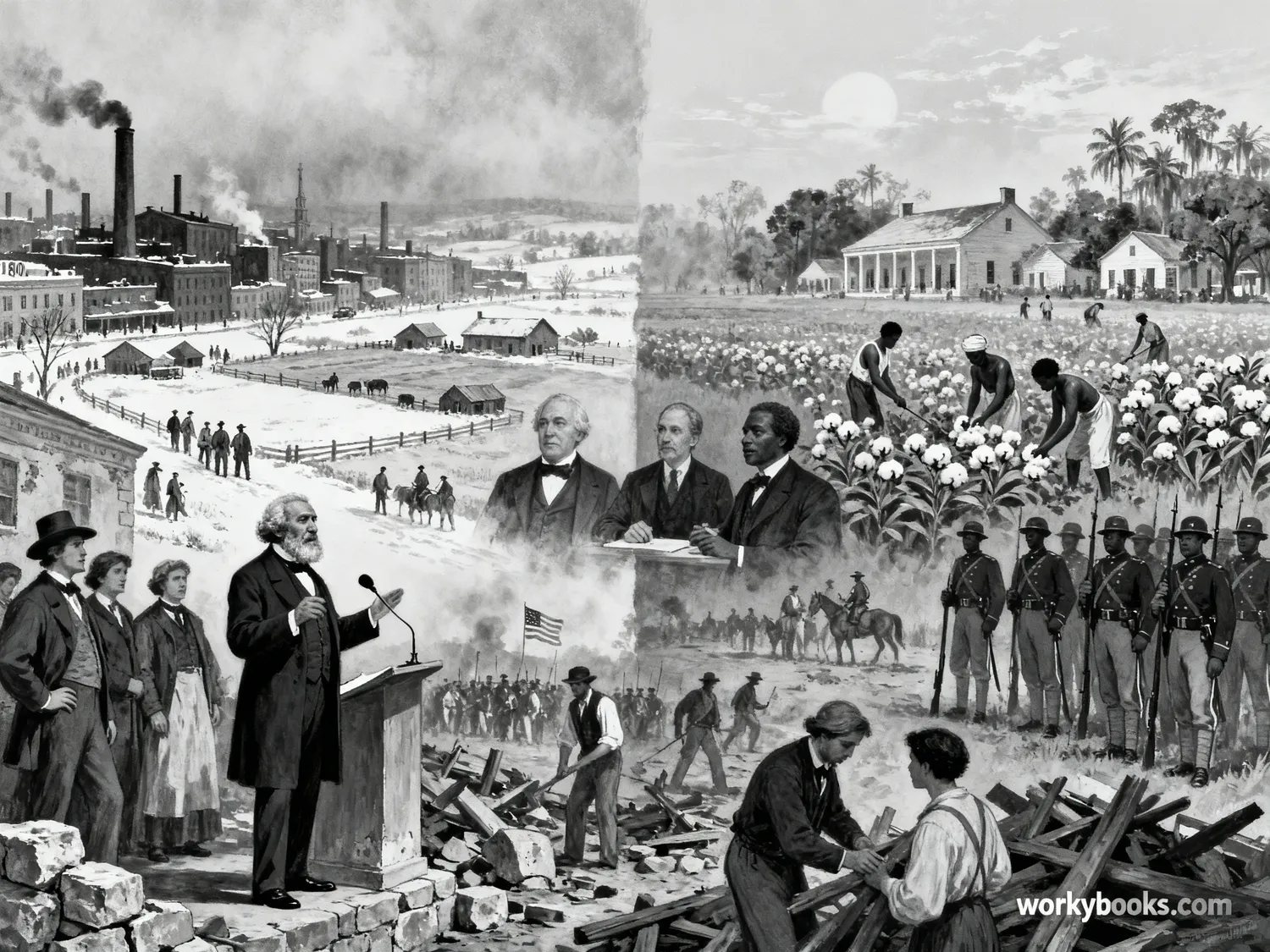 North vs. South; factory, plantation, cotton, slavery, Civil War.