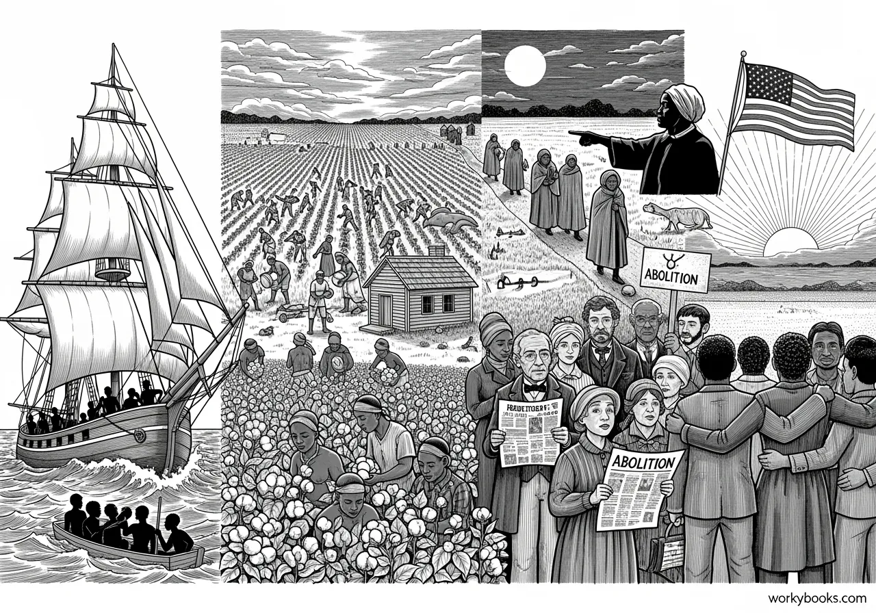 From brutal enslavement to the hard-won freedom of the 13th Amendment.