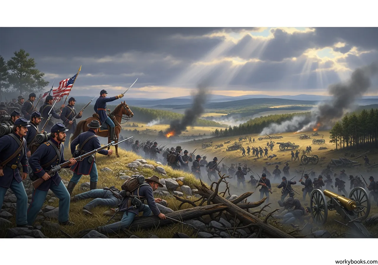 Union (blue) and Confederate (gray) soldiers clash during the American Civil War.
