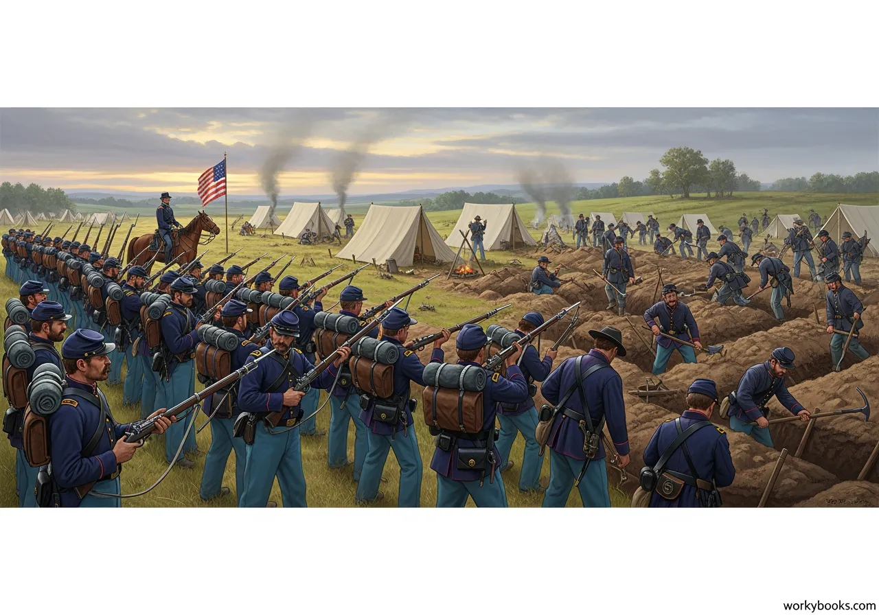 Civil War soldiers: Union blue and Confederate gray uniforms, drilling, writing letters home.