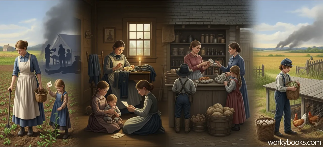Civil War era: women and children undertaking new responsibilities at home.