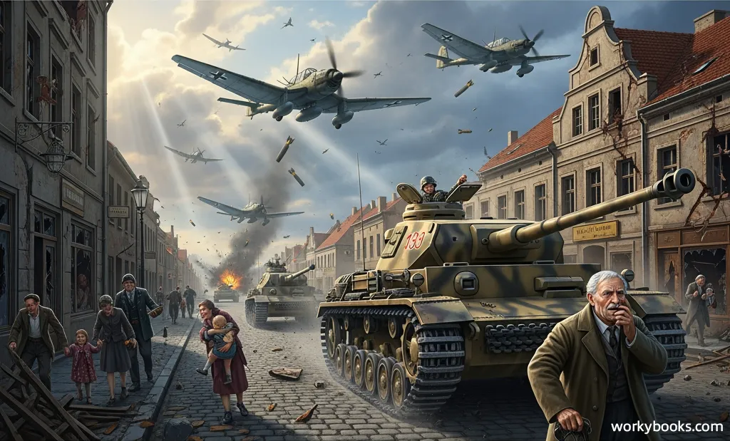 German tanks rapidly advance into Poland on September 1, 1939, beginning WWII.