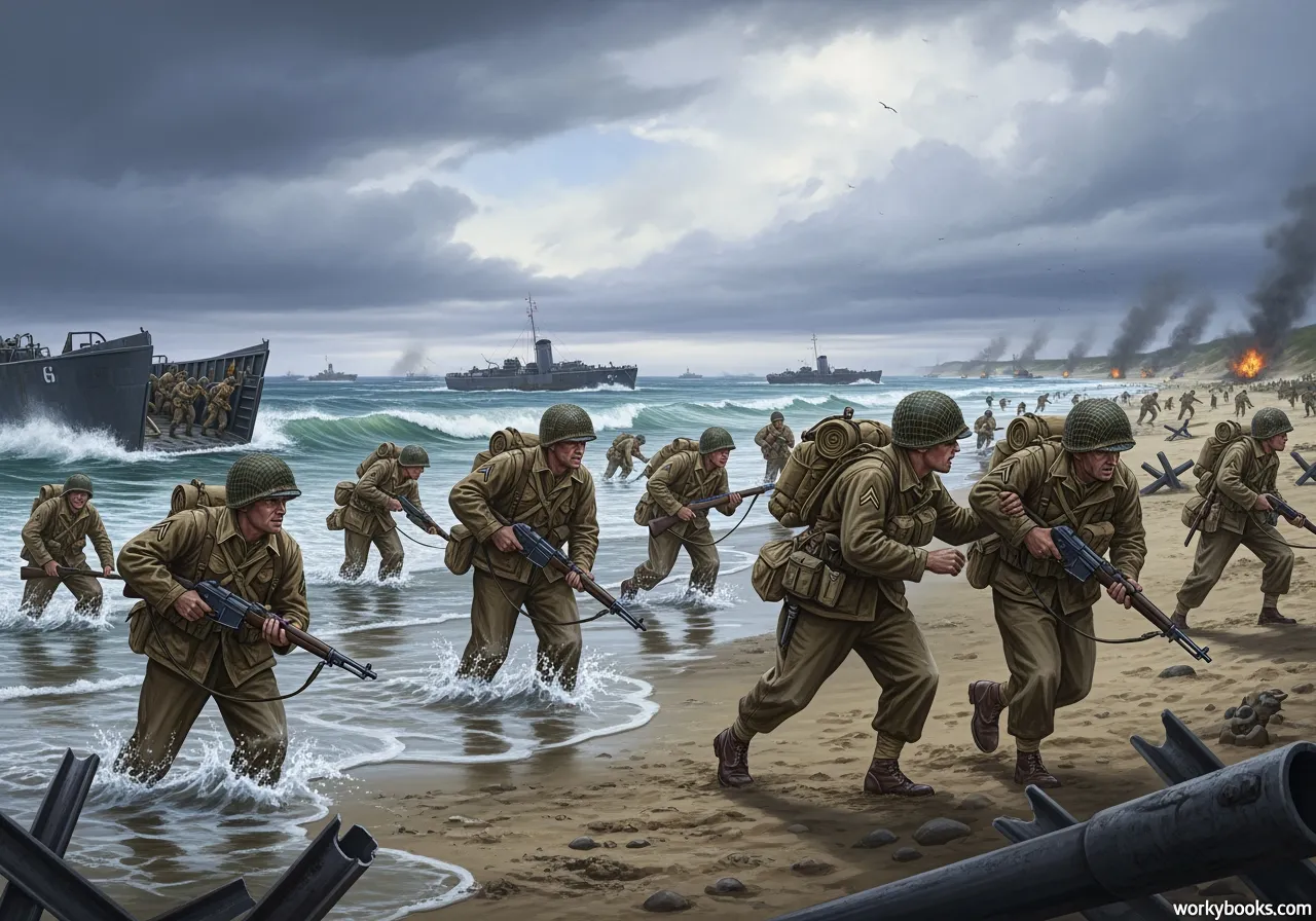 American soldiers bravely landing on the beaches of Normandy, France, during D-Day, 1944.