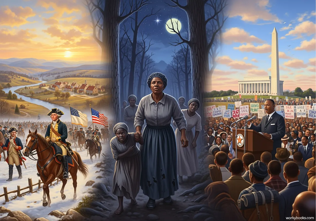 Portraits of George Washington, Harriet Tubman, and Martin Luther King Jr.