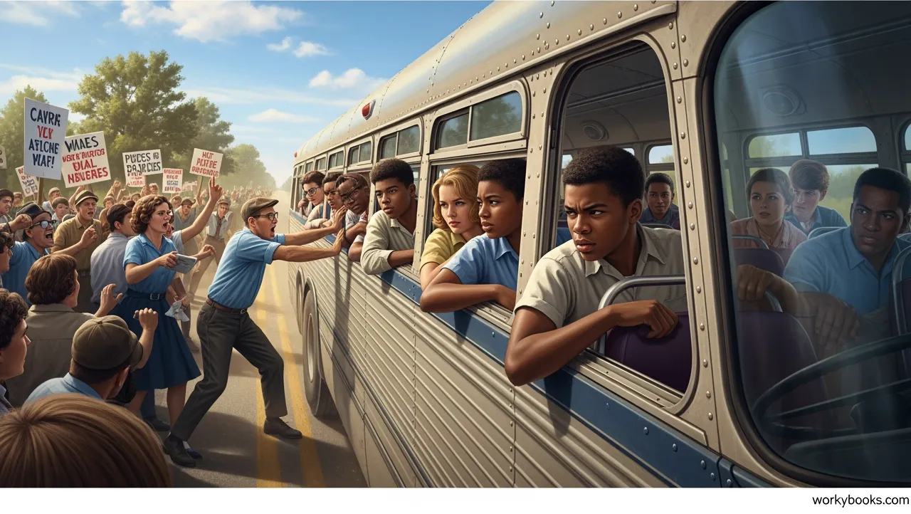 Freedom Riders bravely sitting together on a bus during the 1960s.