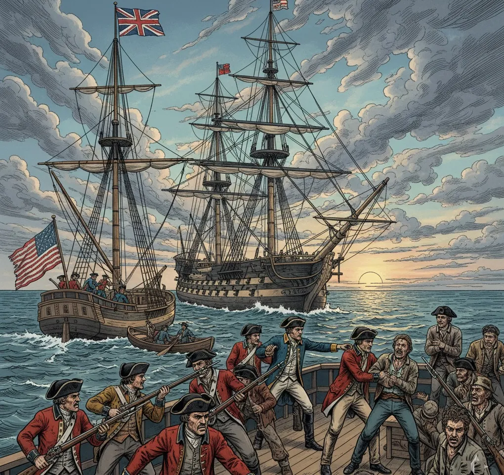 An illustration of a British warship impressing American sailors into service on the high seas, with a smaller American ship nearby.