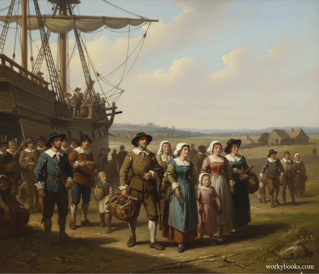 A 19th-century painting shows European immigrants disembarking a ship onto the shores of colonial America.