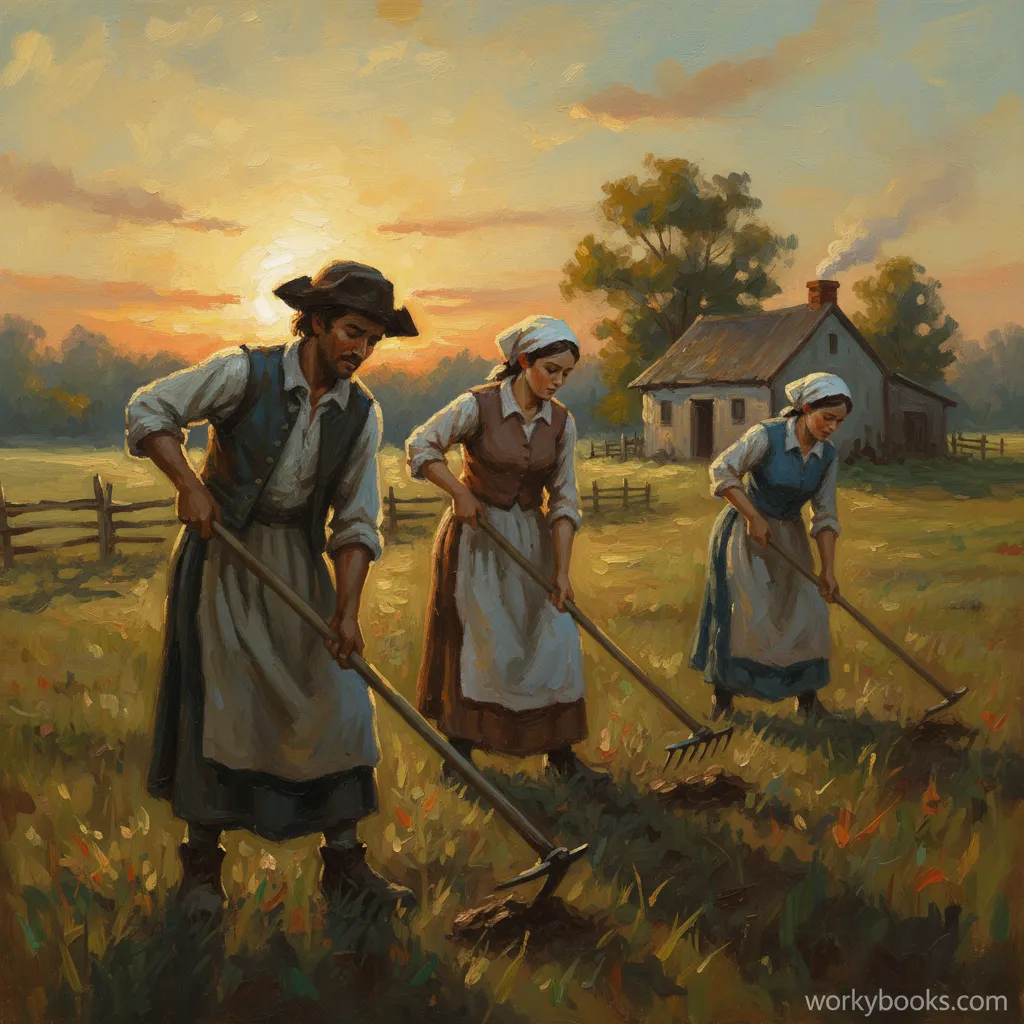 Three indentured servants, two women and one man, working a field with hoes at sunset in colonial America.