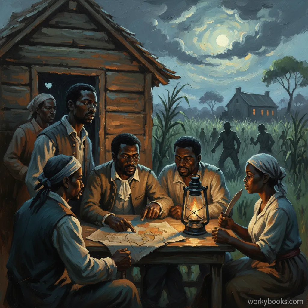 enslaved people planning rebellion by moonlight in colonial America.