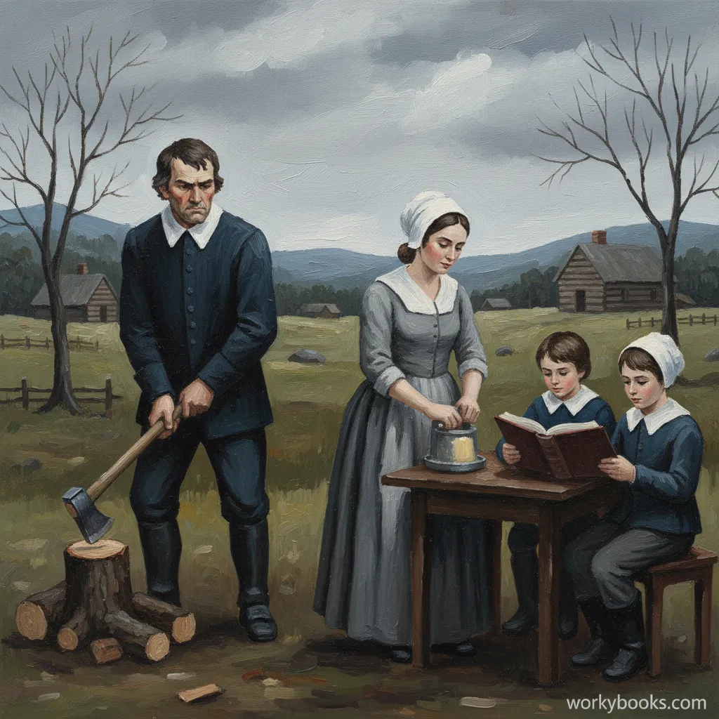 Puritan family engaged in daily life in colonial Massachusetts.