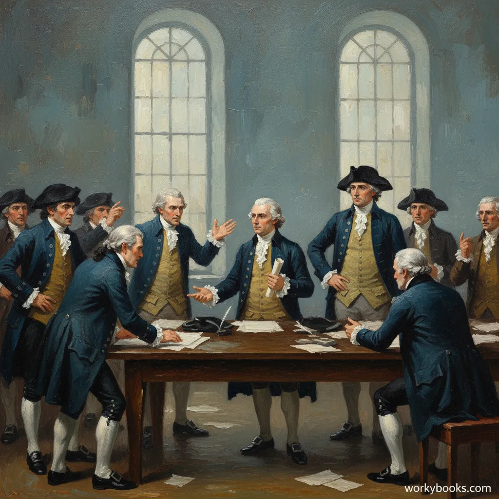 Delegates debating slavery during the Constitutional Convention in an acrylic style.