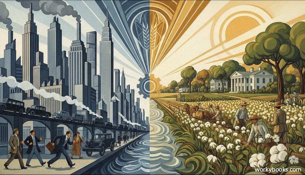 Art Deco contrast: North industry, South agriculture, economic division.