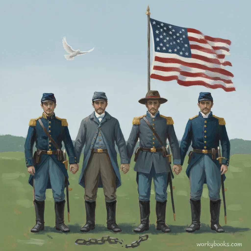 Four Union soldiers stand with an 1863 American flag and broken chains.