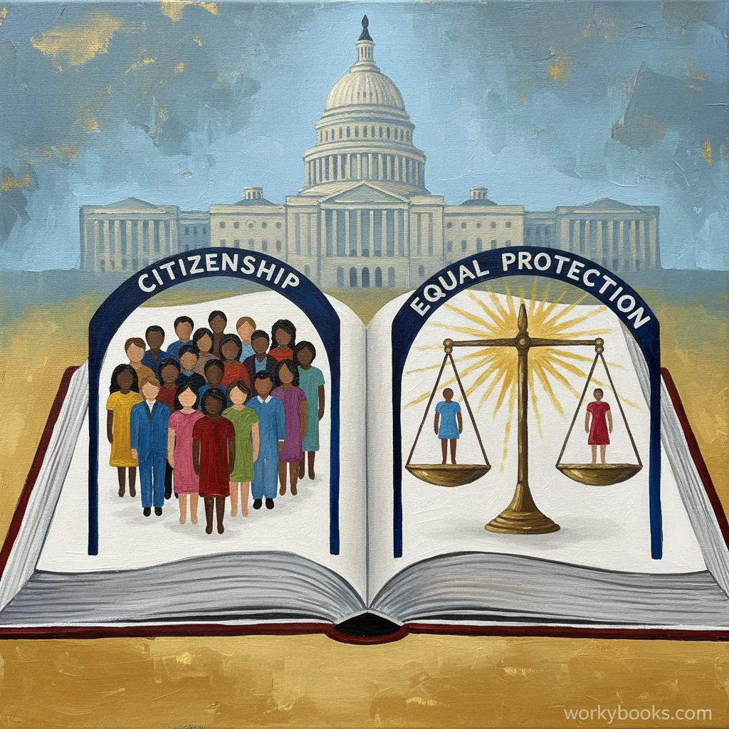 14th Amendment, symbolizing citizenship and equal protection.