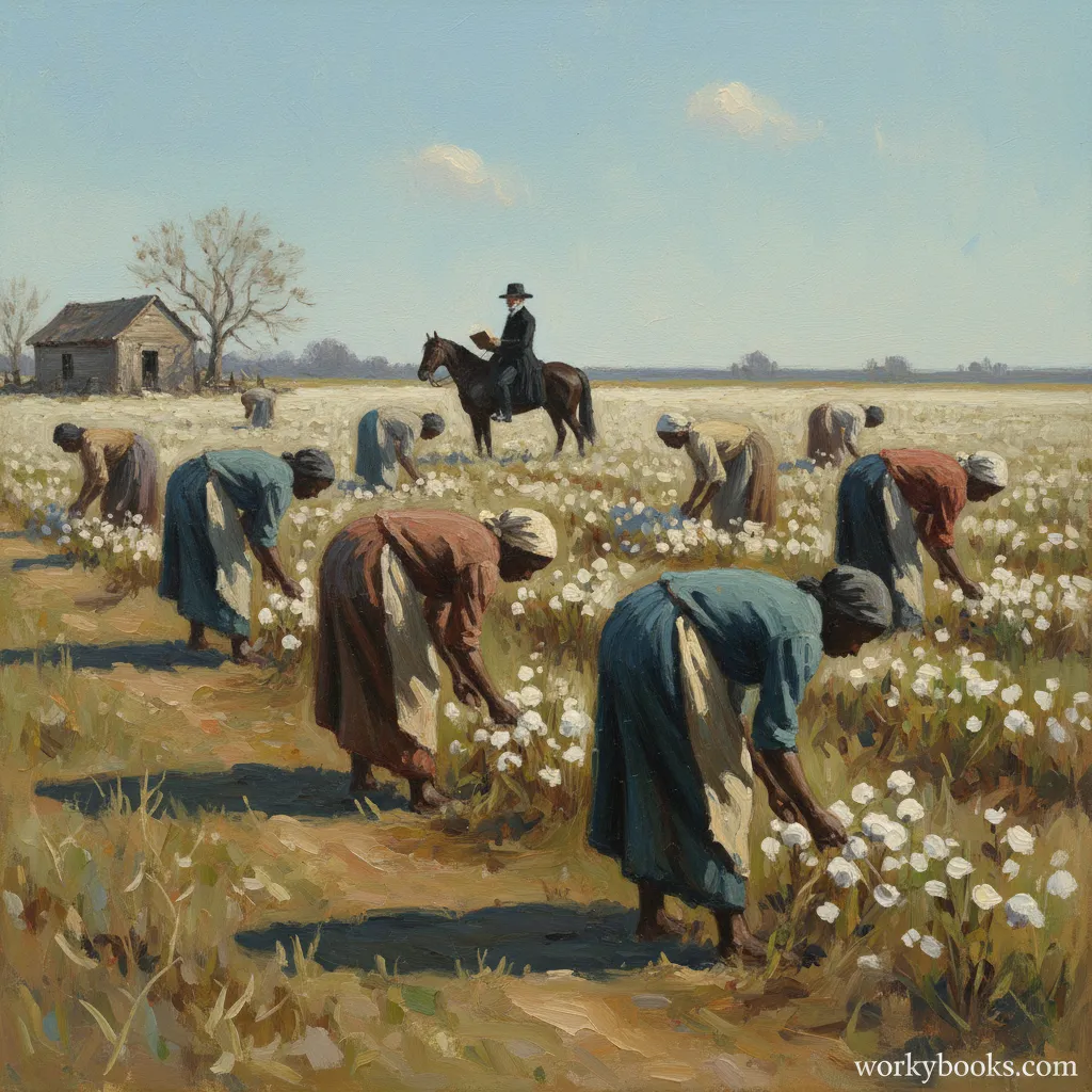 sharecroppers working in a cotton field under surveillance.