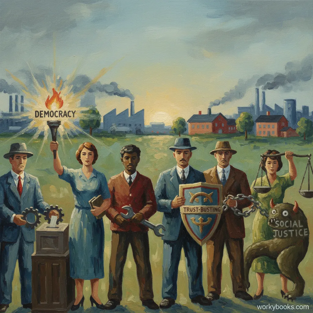 figures representing Progressive Movement goals and reforms.