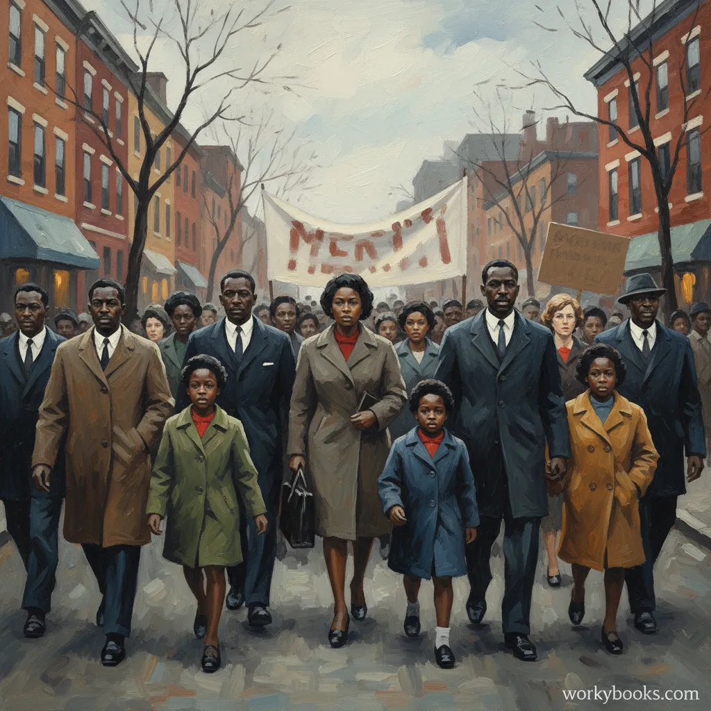 1960s civil rights marchers protesting segregation in a Northern city street.