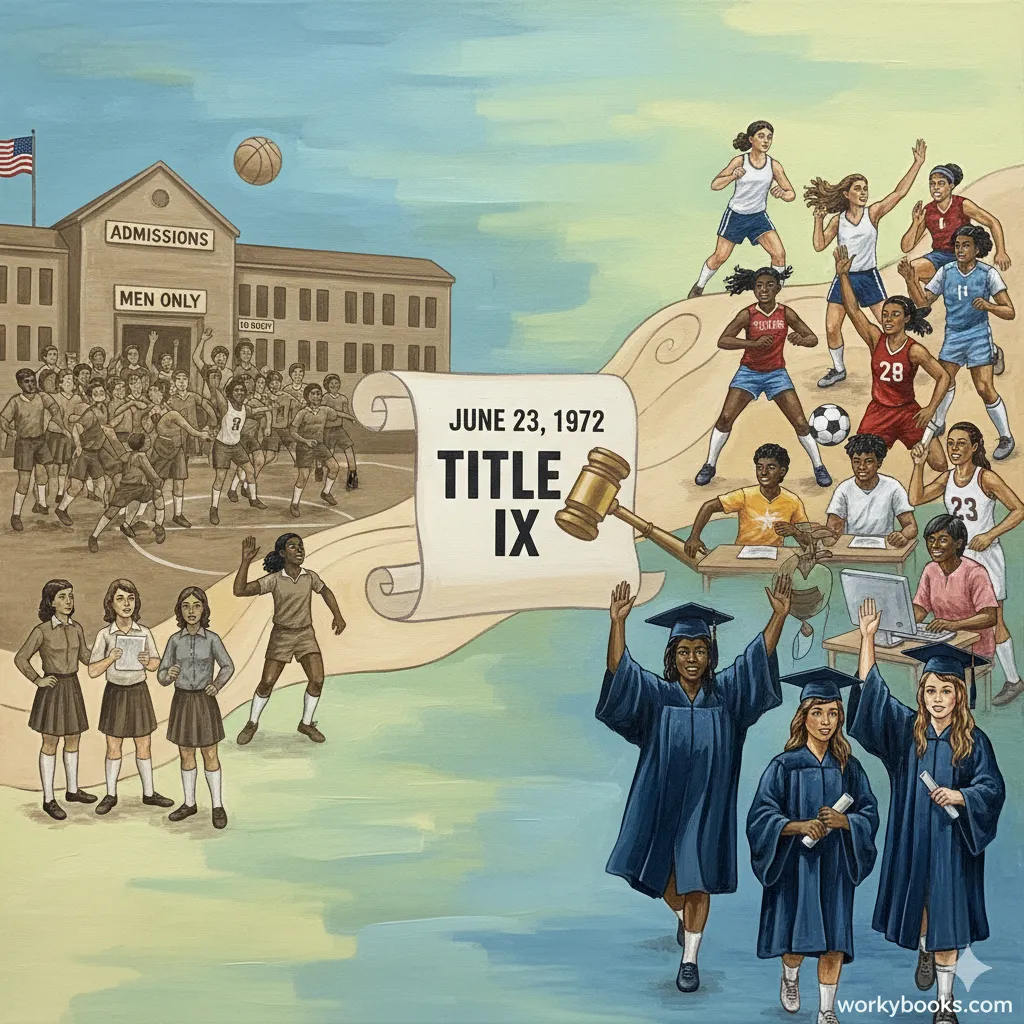 A split image showing education before and after Title IX.