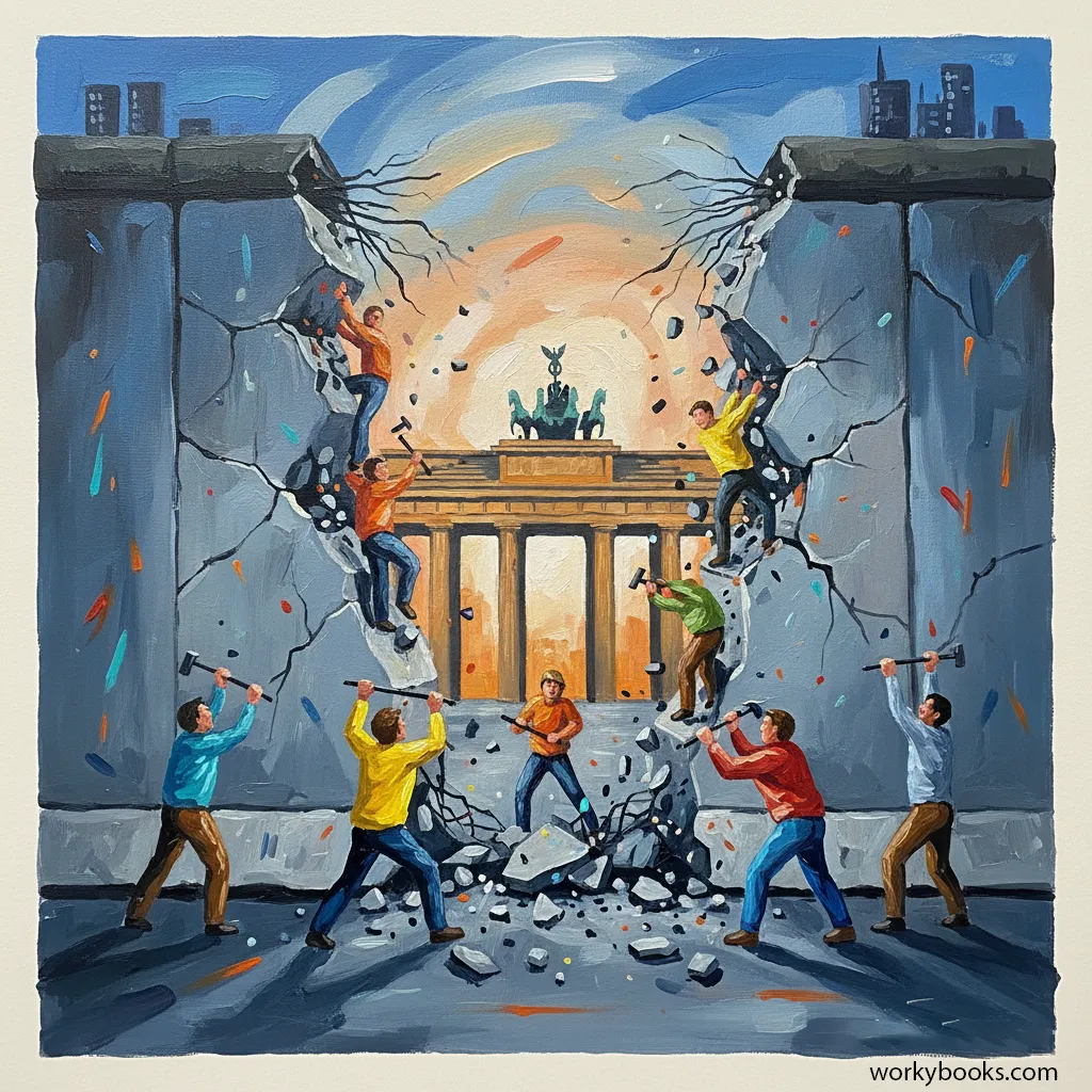 People breaking down the Berlin Wall with hammers, acrylic art style.